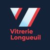 Entreprise Vitrerie Longueuil avec design rouge et bleu sur fond foncé, représentant une entreprise spécialisée en vitrerie résidentielle et commerciale au Québec.