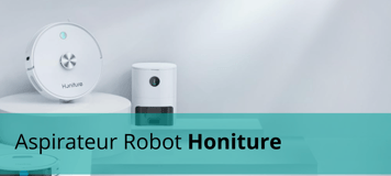 Aspirateurs robots Honiture sur socles blancs, modèles élégants et modernes conçus pour le nettoyage automatique