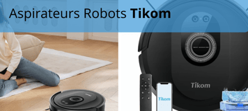 Aspirateurs Robots Tikom avec télécommande, application mobile et fonction serpillère, illustrés dans un salon moderne