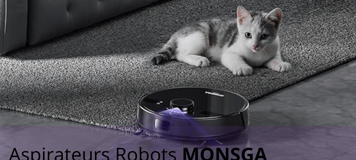 Aspirateur robot MONSGA nettoyant près d’un chaton allongé sur un tapis, illustrant une utilisation sécuritaire pour les animaux domestiques