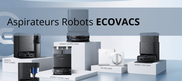 Gamme d’aspirateurs robots ECOVACS DEEBOT exposée, incluant les modèles T30S Combo, X9 Pro OMNI, X8 Pro OMNI, N20 Plus, N30 OMNI et W2 Pro OMNI