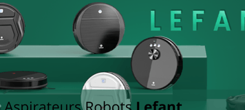 Gamme d’aspirateurs robots Lefant affichée sur fond vert avec différents modèles compacts et designs