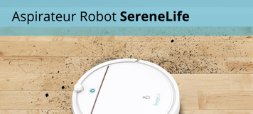 Aspirateur robot SereneLife nettoyant un plancher de bois franc couvert de saleté
