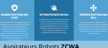 Présentation des avantages des aspirateurs robots ZCWA : détection des obstacles, nettoyage polyvalent des sols et franchissement d'obstacles.