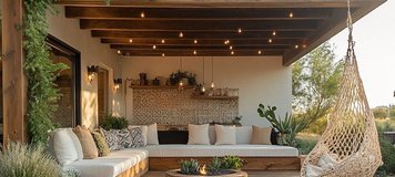 Terrasse extérieure moderne en bois avec coin lounge, canapé blanc, foyer central et chaise suspendue dans une ambiance chaleureuse et naturelle par House Design Pinterest