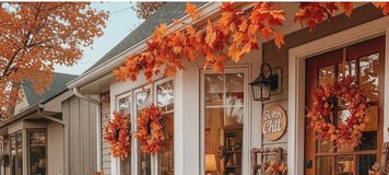 Décoration extérieure d’automne avec citrouilles, chrysanthèmes, couronnes de feuilles colorées et coussins orangés sur une terrasse accueillante au style chaleureux et festif Source - kerry black Pinterest