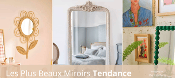 Collection de miroirs tendance incluant un miroir en rotin en forme de fleur, un miroir sur pied à cadre sculpté blanc et un miroir mural moderne avec perles vertes, parfaits pour une décoration intérieure élégante et actuelle - Image par Do it in Paris