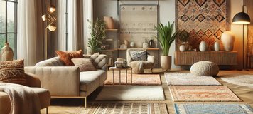 Salon lumineux avec une sélection de tapis décoratifs variés, incluant des modèles berbères, persans et modernes. L’espace est aménagé avec des meubles contemporains, des plantes et une décoration harmonieuse, mettant en valeur le confort et l’élégance des tapis.
