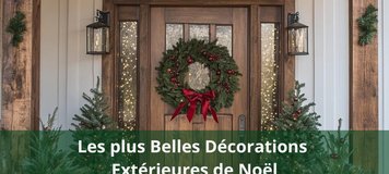 Entrée de maison décorée pour Noël avec couronne de sapin, petits sapins illuminés, lanternes et guirlandes, ambiance chaleureuse et festive Source - Nikki White Pinterest