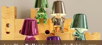 Collection de lampes de table design aux couleurs métalliques variées en forme de petits personnages, posées sur des blocs en bois, image par Walmart
