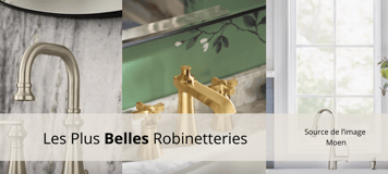 Montage de trois styles de robinets haut de gamme en métal brossé et doré par Moen