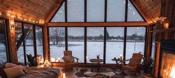 Chambre à coucher grandiose de style chalet avec plafond en bois, grandes fenêtres panoramiques donnant sur un paysage enneigé, éclairage chaleureux et ambiance cocooning par Nikkol sur Pinterest