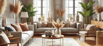 Salon moderne et chaleureux avec un mobilier élégant, un tapis doux, des touches de bois et des plantes vertes. La lumière naturelle met en valeur une décoration équilibrée mêlant confort et esthétisme.