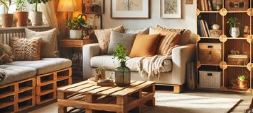 Salon aménagé avec des meubles en palettes, coussins bohèmes et décorations naturelles, illustrant une décoration élégante et abordable.