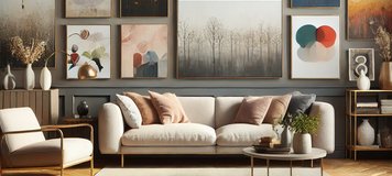 Intérieur moderne avec un mur galerie exposant divers styles de tableaux décoratifs, incluant abstrait, minimaliste, classique et pop art, dans un salon élégant et chaleureux.