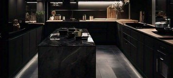 Cuisine moderne au design noir mat avec éclairage LED intégré, comptoirs en bois clair et îlot central en marbre foncé par Valz decor your home your style sur Pinterest