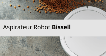 Aspirateur robot Bissell en action sur un sol avec des miettes, nettoyage efficace automatique