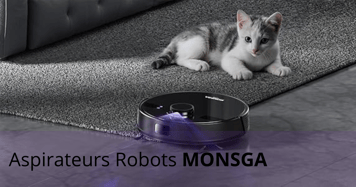 Aspirateur robot MONSGA nettoyant près d’un chaton allongé sur un tapis, illustrant une utilisation sécuritaire pour les animaux domestiques