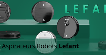 Gamme d’aspirateurs robots Lefant affichée sur fond vert avec différents modèles compacts et designs