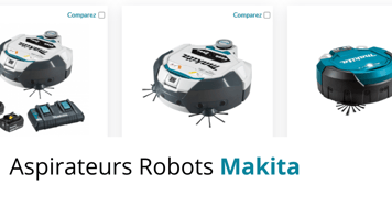 Aspirateurs robots Makita DRC200Z et DRC300Z présentés côte à côte avec batteries LXT 18V