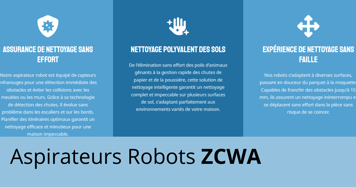 Présentation des avantages des aspirateurs robots ZCWA : détection des obstacles, nettoyage polyvalent des sols et franchissement d'obstacles.