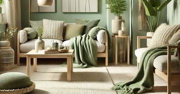 Salon vert tendance avec décor naturel, plantes et meubles en bois clair – ambiance douce et moderne - source Kaffée sur Pinterest