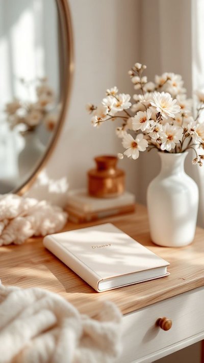Journal blanc, un vase de fleurs blanches et un miroir rond dans une douce lumière matinale Source - .. ♡ MERCY Pinterest