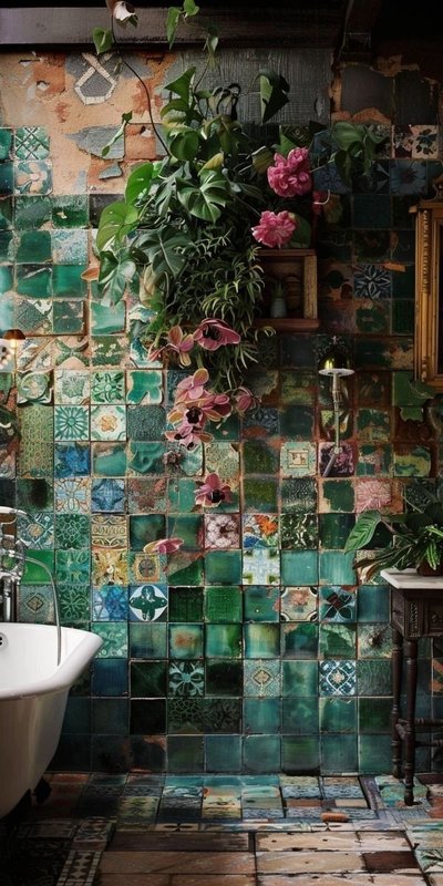 Salle de bain artistique aux allures vintage et mur de céramique verte, avec plante d'intérieur tombante – inspiration Pinterest par Abandoned Souls