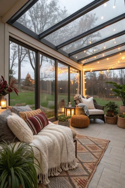 Solarium chaleureux avec toit en verre, guirlandes lumineuses, fauteuils confortables et vue sur un jardin boisé au crépuscule Source - Aesthetic Pinterest