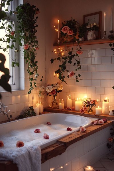Baignoire pleine de mousse entourée de chandelles allumées, de fleurs fraîches et de plantes grimpantes dans une ambiance tamisée Source - aestheticaly Pinterest