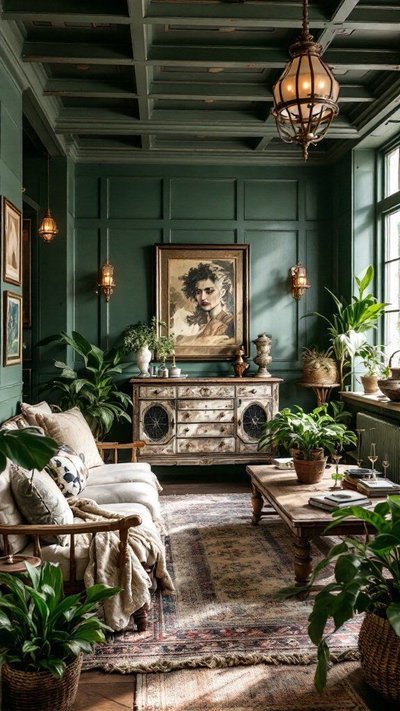 Salon vert au style vintage avec murs moulurés par Ahyanna Gray Pinterest Salon vert au style vintage avec murs moulurés, canapé beige, tapis oriental, mobilier en bois vieilli et plantes d'intérieur créant une ambiance chaleureuse et élégante par Ahyanna Gray Pinterest