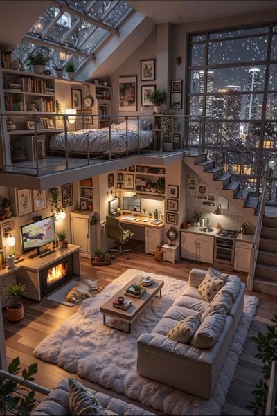 Loft moderne et chaleureux avec mezzanine, coin chambre cosy sous verrière, salon avec cheminée, espace bureau et cuisine, vue sur une ville illuminée sous la neige Source - Andrea Schalwig Pinterest