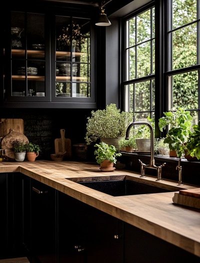 Cuisine lumineuse avec armoires noires mates, comptoirs en bois naturel, évier encastré et grande fenestration mettant en valeur un jardin d'herbes fraîches en pots Source - Ann Rolfe Pinterest