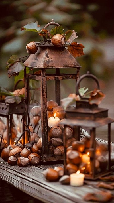 Décoration d'automne rustique avec lanternes anciennes remplies de glands, chandelles allumées et feuilles colorées, disposées sur une table en bois vieilli Source - Antonio Cassone Pinterest