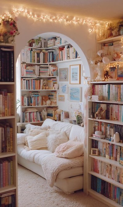 Coin lecture chaleureux avec canapé blanc, coussins moelleux, nombreuses étagères remplies de livres colorés et guirlandes lumineuses Source - asna Moreno Pinterest