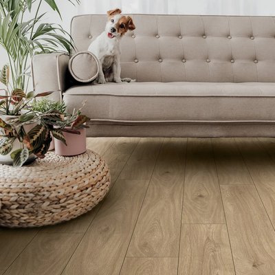 Plancher stratifié hydrofuge Authentic H2O AC5 couleur Maritsa de Plancher 2000, dans un salon lumineux avec sofa beige et petit chien