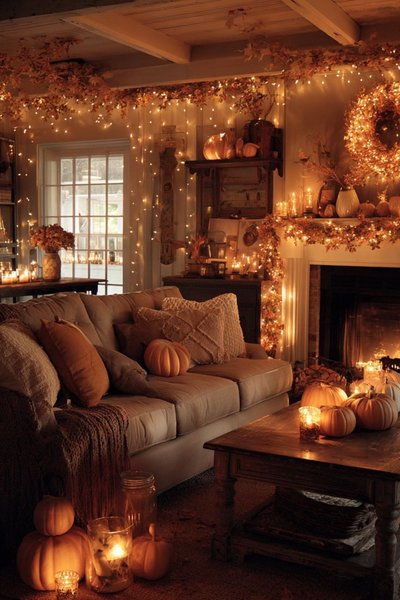 Salon chaleureux décoré pour l'automne avec guirlandes lumineuses, citrouilles, bougies, coussins texturés et couronne de feuilles au-dessus du foyer allumé Source - Authentic Hospitality Cozy Home & Decor Inspiration