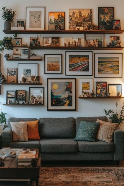 Salon chaleureux avec canapé gris foncé et galerie murale composée de plusieurs œuvres d'art encadrées sur des tablettes en bois, dans une ambiance bohème et artistique Source - Baraa Hamdy Pinterest