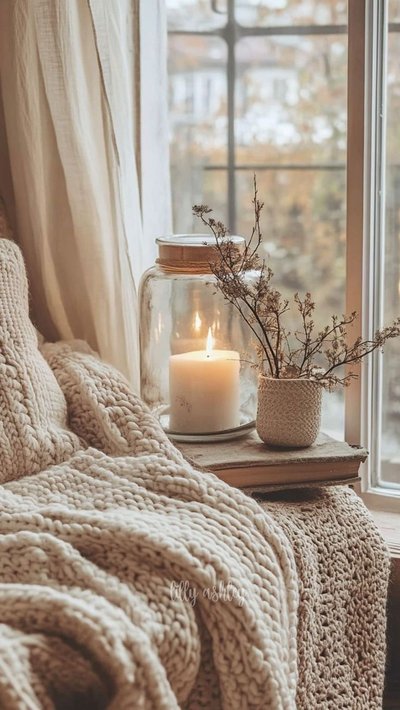 Ambiance cocooning avec une bougie allumée dans un pot en verre, un tricot beige épais et une vue sur l'extérieur automnal Source - Bat & Gala Pinterest