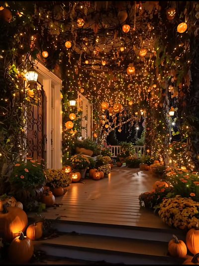 Entrée de maison décorée pour l'Halloween Source - Beth Roberts Pinterest Entrée de maison décorée pour l'Halloween avec citrouilles illuminées, guirlandes de lumières, plantes automnales et lanternes suspendues créant une ambiance féerique et mystérieuse Source - Beth Roberts Pinterest