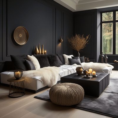 Salon élégant au style moderne avec murs noirs moulurés, canapé bas blanc orné de coussins et jetés en fausse fourrure, décorations dorées, bougies allumées et grandes fenêtres laissant entrer la lumière naturelle Source - Bleu Canard Pinterest