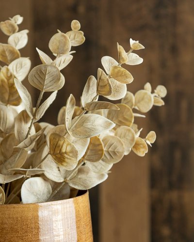 Branche décorative d'eucalyptus séché beige dans un vase en céramique émaillée brun caramel, sur fond de bois rustique par Décors Véronneau