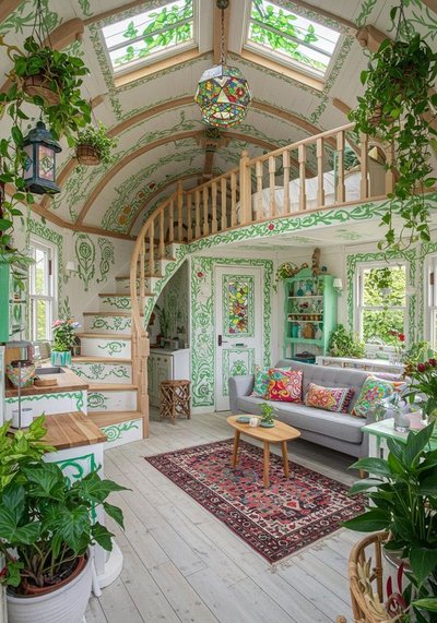 Plante tendance dans une tiny house artistique inspirée de Brenda Stanley sur Pinterest – déco colorée, vitraux et ambiance végétale