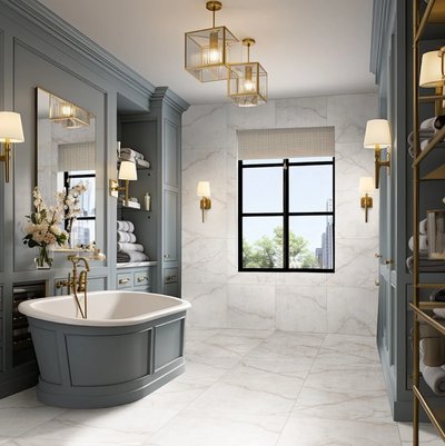 Salle de bain élégante au style classique avec baignoire autoportante et céramique effet marbre blanc de la collection Brighton, chez Céramique l’Entrepôt