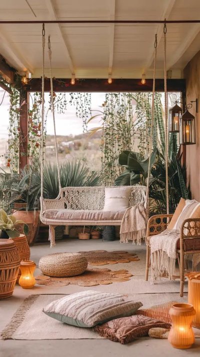 Terrasse bohème avec balançoire en macramé Source - C Pinterest Terrasse bohème avec balançoire en macramé, coussins beiges, lanternes et plantes vertes, créant une ambiance douce et relaxante en extérieur Source - C Pinterest
