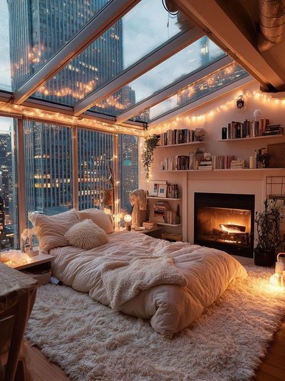 Chambre chaleureuse et moderne avec lit douillet, foyer allumé, guirlandes lumineuses et plafond en verre offrant une vue spectaculaire sur les gratte-ciel en soirée Source - Çağla Pinterest