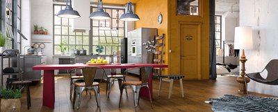 Cuisine au style industriel avec table rouge et plancher de bois franc Caravan de Fuzion Flooring.