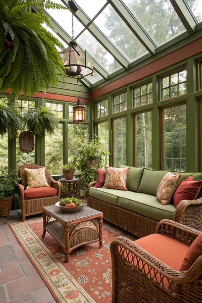 Solarium classique avec structure verte Source - Casolia Home Decor, Interior Design & Inspiration Pinterest Solarium classique avec structure verte, toit vitré, mobilier en rotin, coussins verts et terracotta, tapis floral et nombreuses plantes suspendues Source - Casolia Home Decor, Interior Design & Inspiration Pinterest
