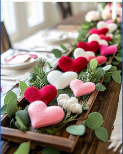 Centre de table de Saint-Valentin composé de cœurs en tissu rouge, rose et blanc posés sur un lit de verdure dans un plateau en bois sur une table de salle à manger Source - Pinterest