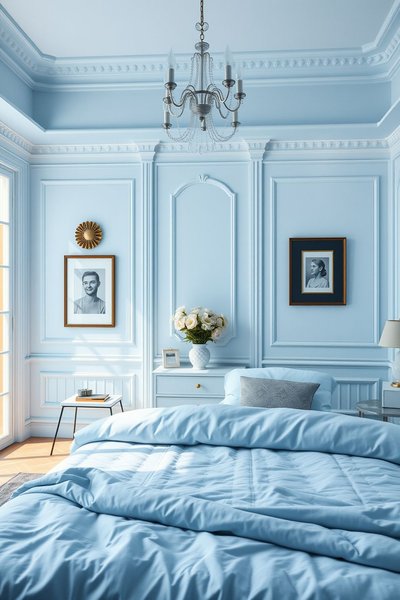 Chambre élégante aux murs moulurés bleu pastel, avec un lit assorti, lustre classique, portraits en noir et blanc et vase de fleurs sur la table de chevet Source - bedroomideas.fun | Bedroom Decor | Bedroom Ideas | Bedroom Design Pinterest